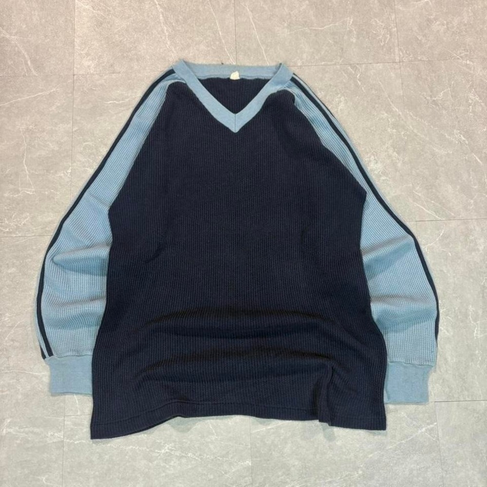 Add '70/80's blue & black striped thermal long sleeve shirt #skater #striped
